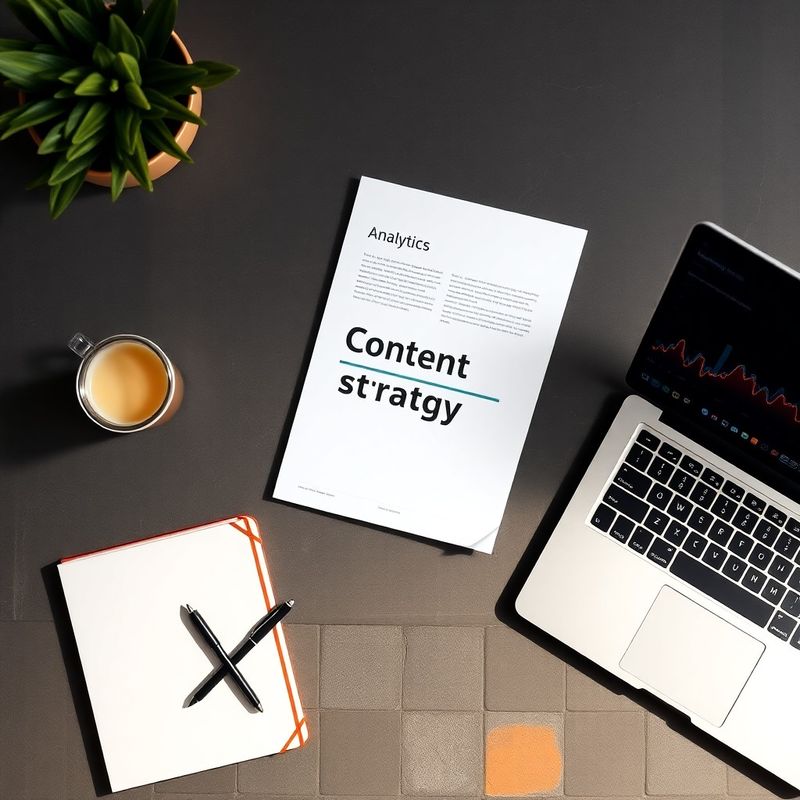 Documento de estrategia editorial sobre un escritorio con portátil y analítica