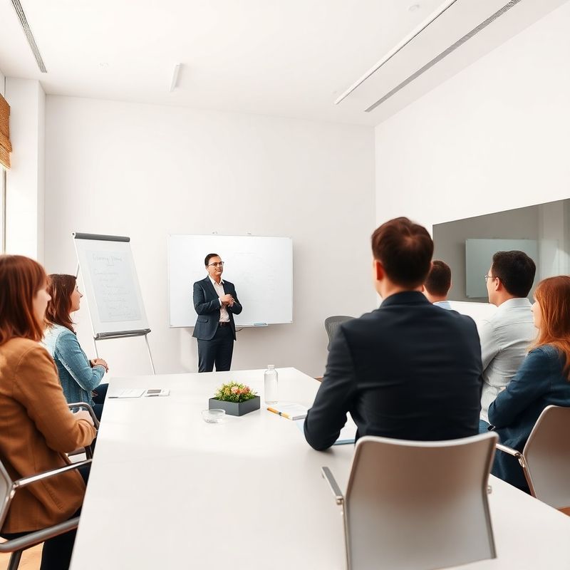 Formadora presentando en una pizarra ante un grupo pequeño de profesionales en Madrid