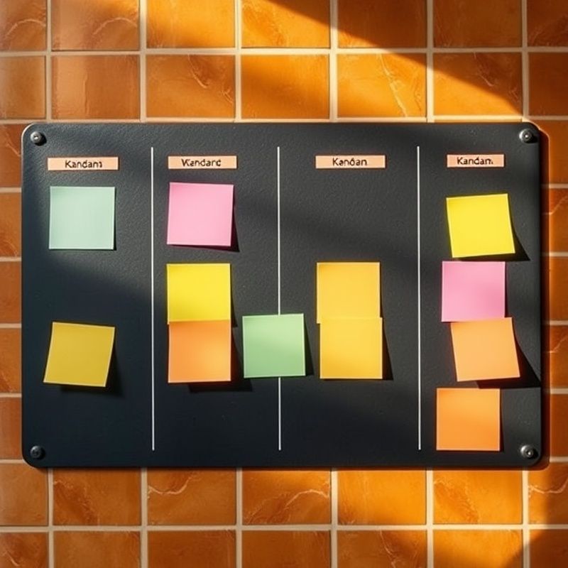 Tablero kanban visto desde arriba con notas de colores en cinco columnas